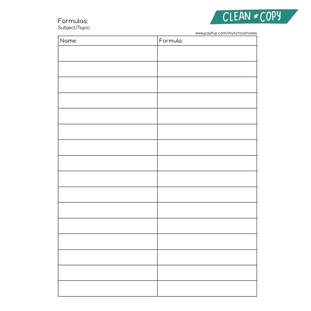 Printable Formula Sheet