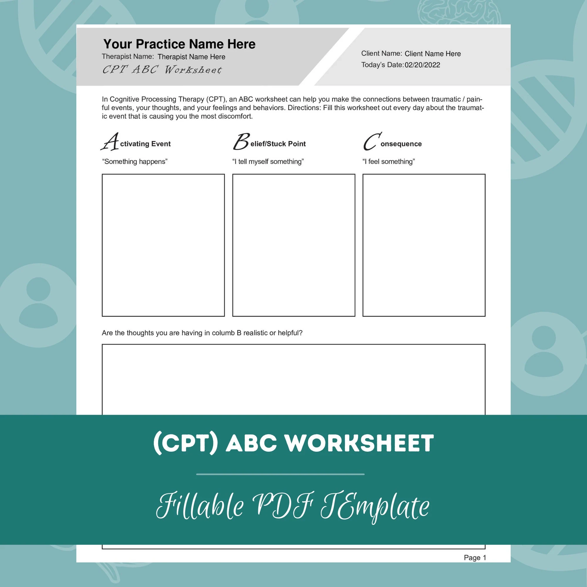 Cognitive Processing Therapy CPT ABC Worksheet Editable 