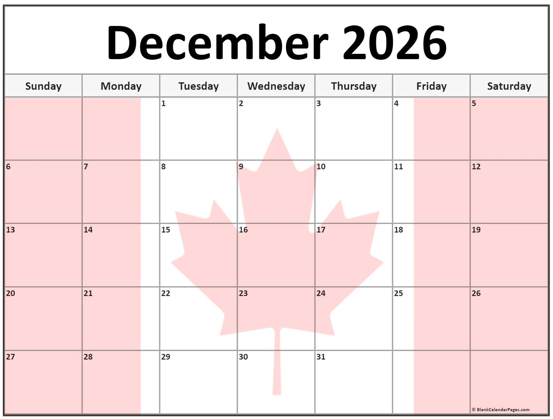 December 2026 Calendar Canada Printable