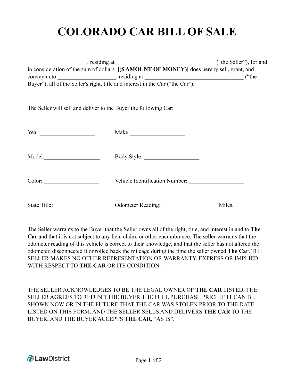 Colorado Bill Of Sale Forms PDF amp Word Lawdistrict