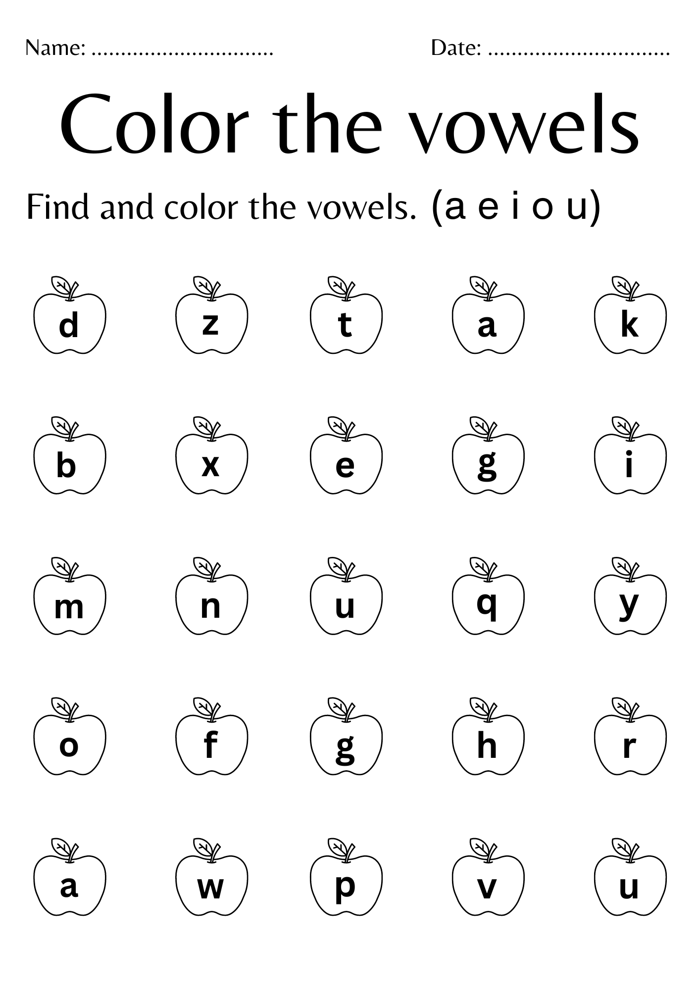Colour The Vowels Worksheets For Kindergarten A E I O U Vowels 