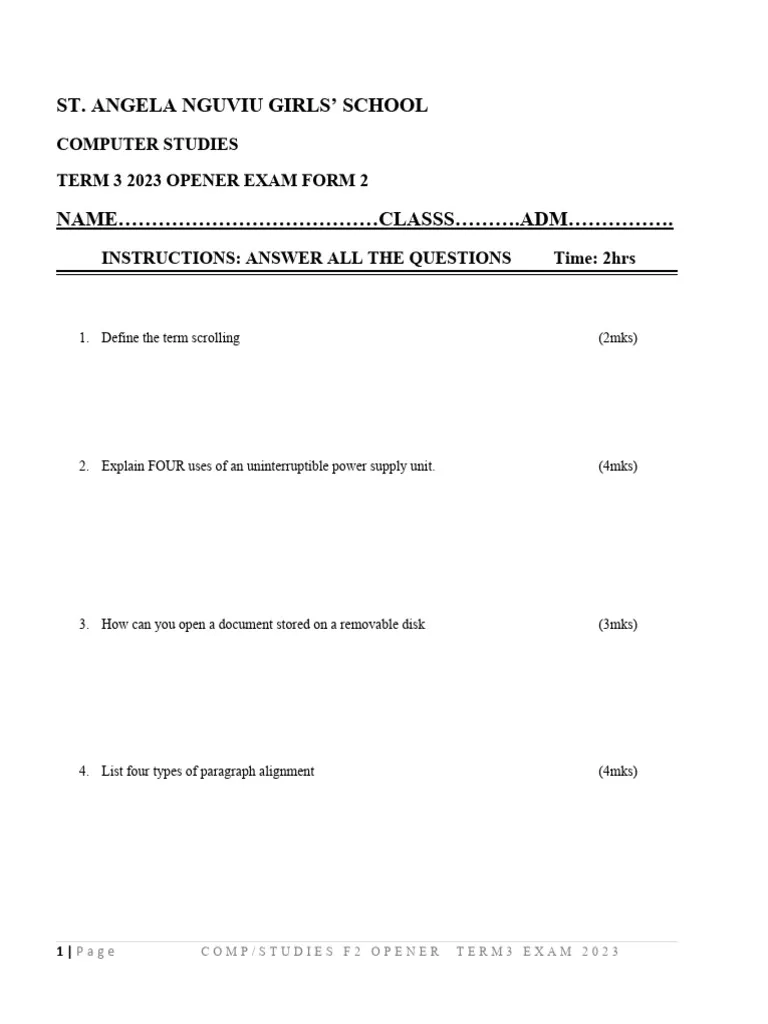 Form 2 Term 3 Opener Exams