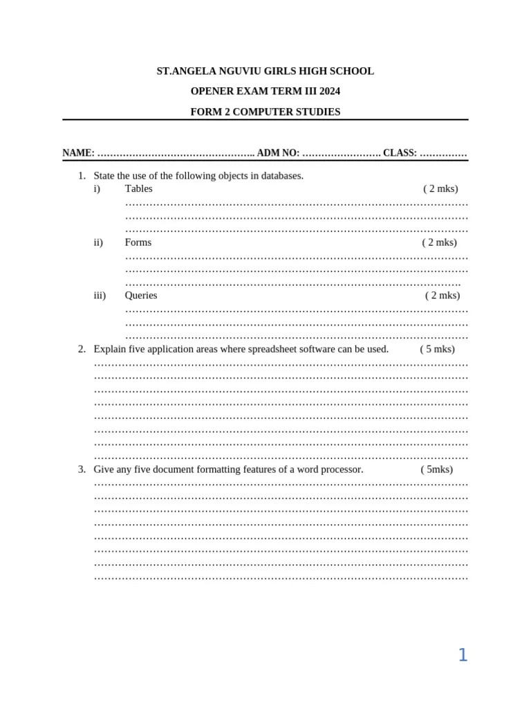 Computer Form 2 Term 3 PDF Computing Computer Science