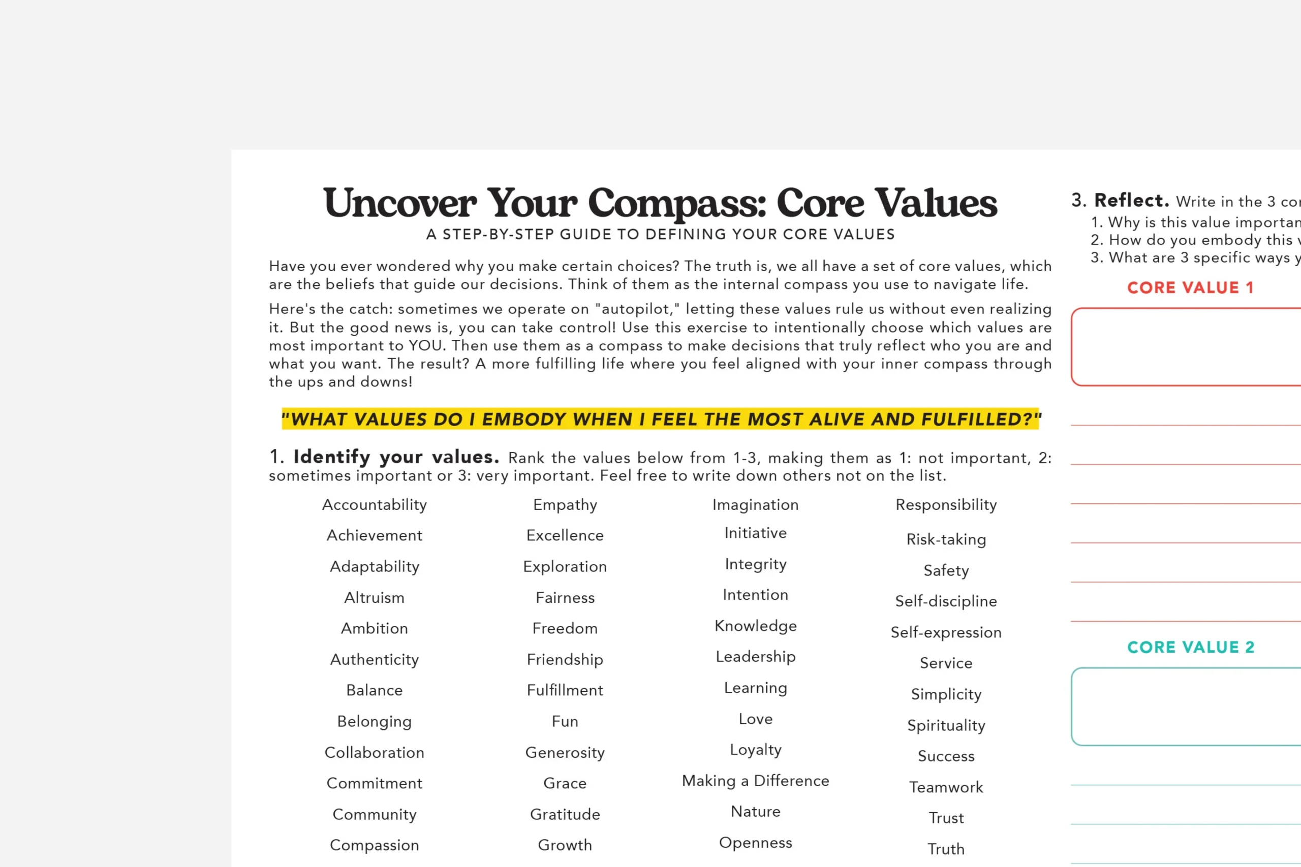 Core Values Worksheet PDF Free Printable Passion Planner