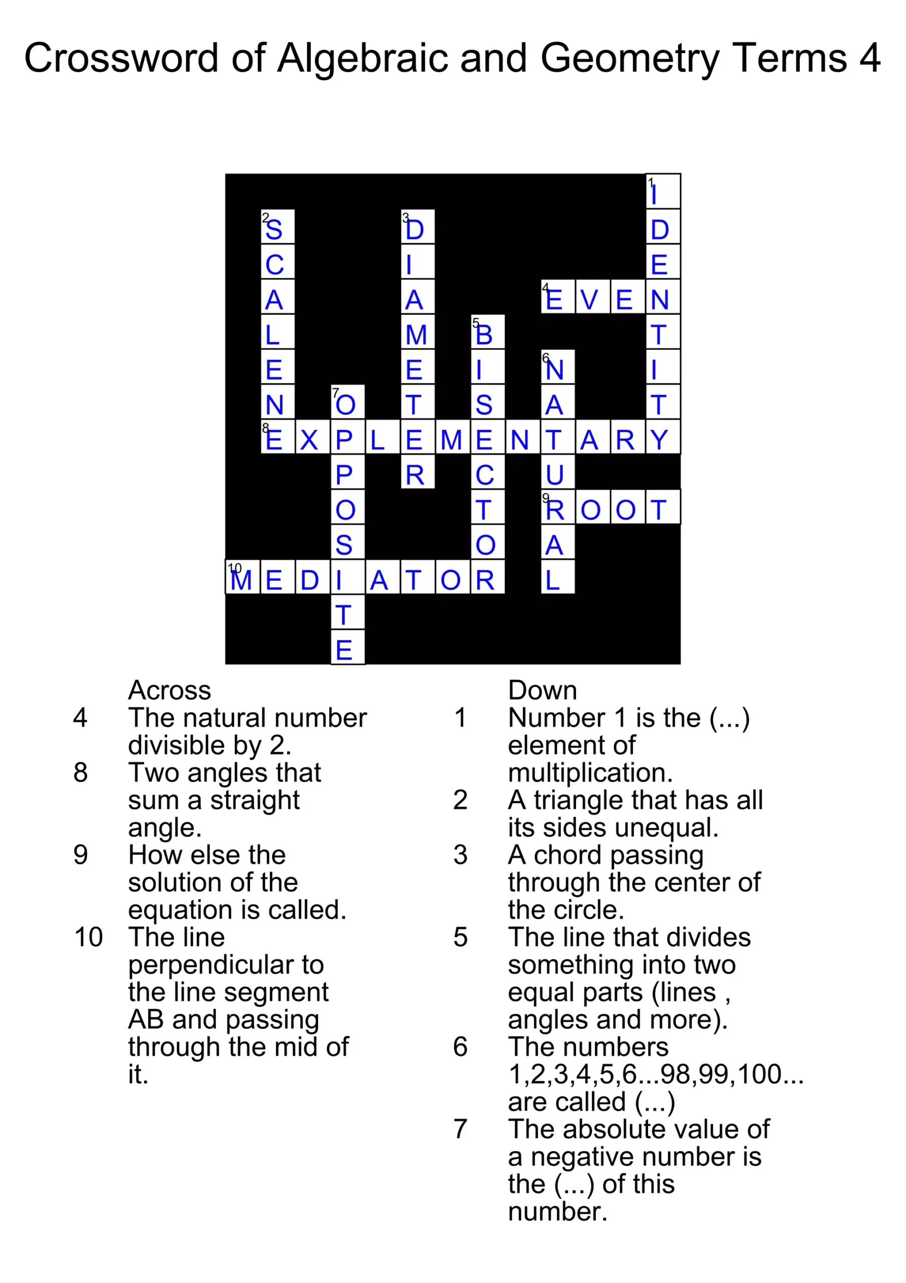 Crossword Of Algebraic And Geometry Terms 4 ans PDF