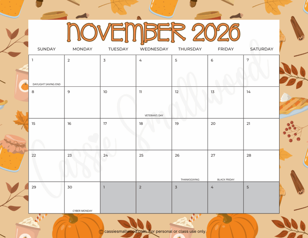 Printable Calendar November 2026 Kids
