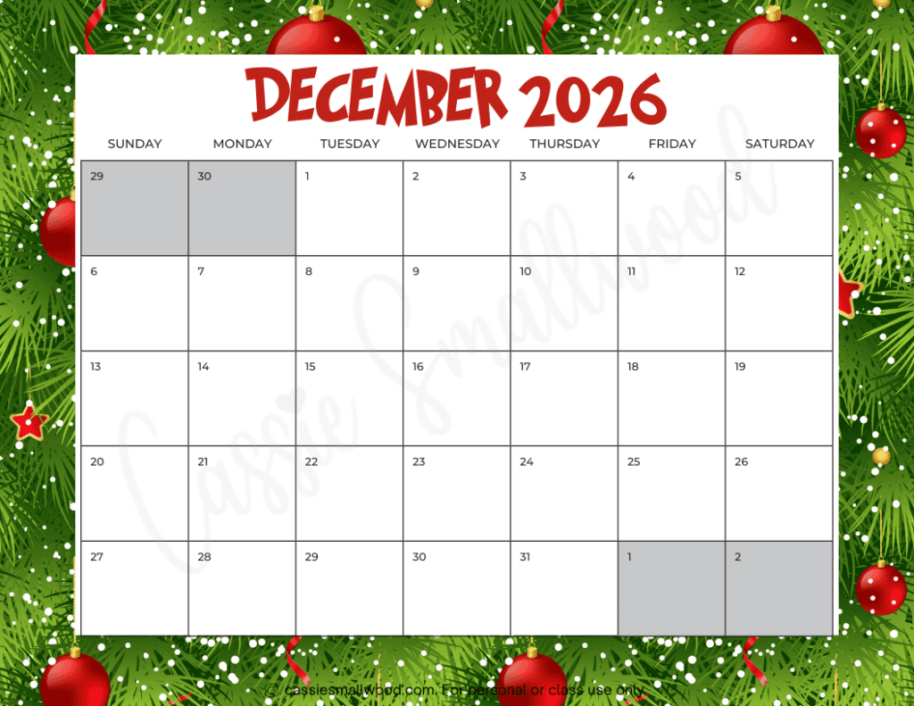 Printable 2026 Calendar For December