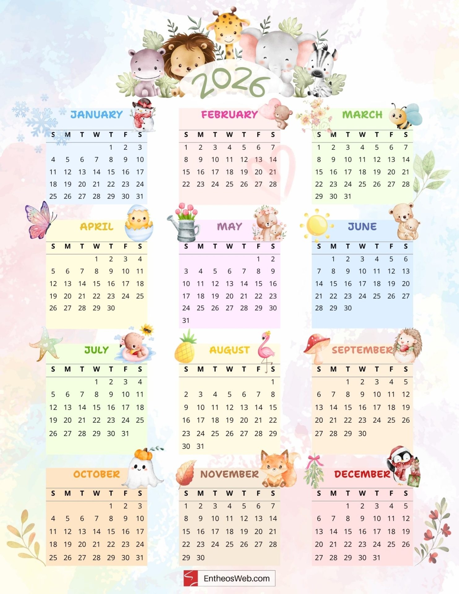 Cute Printable Calendar 2026 For Kids EntheosWeb