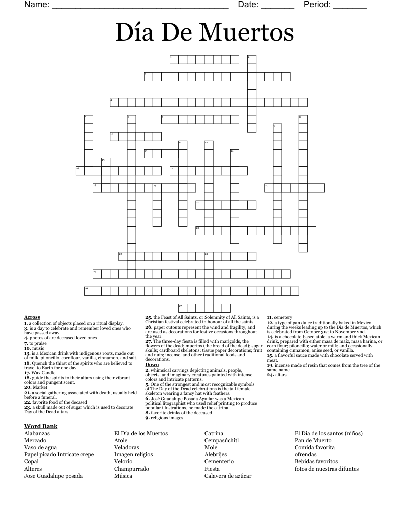 D a De Muertos Crossword WordMint