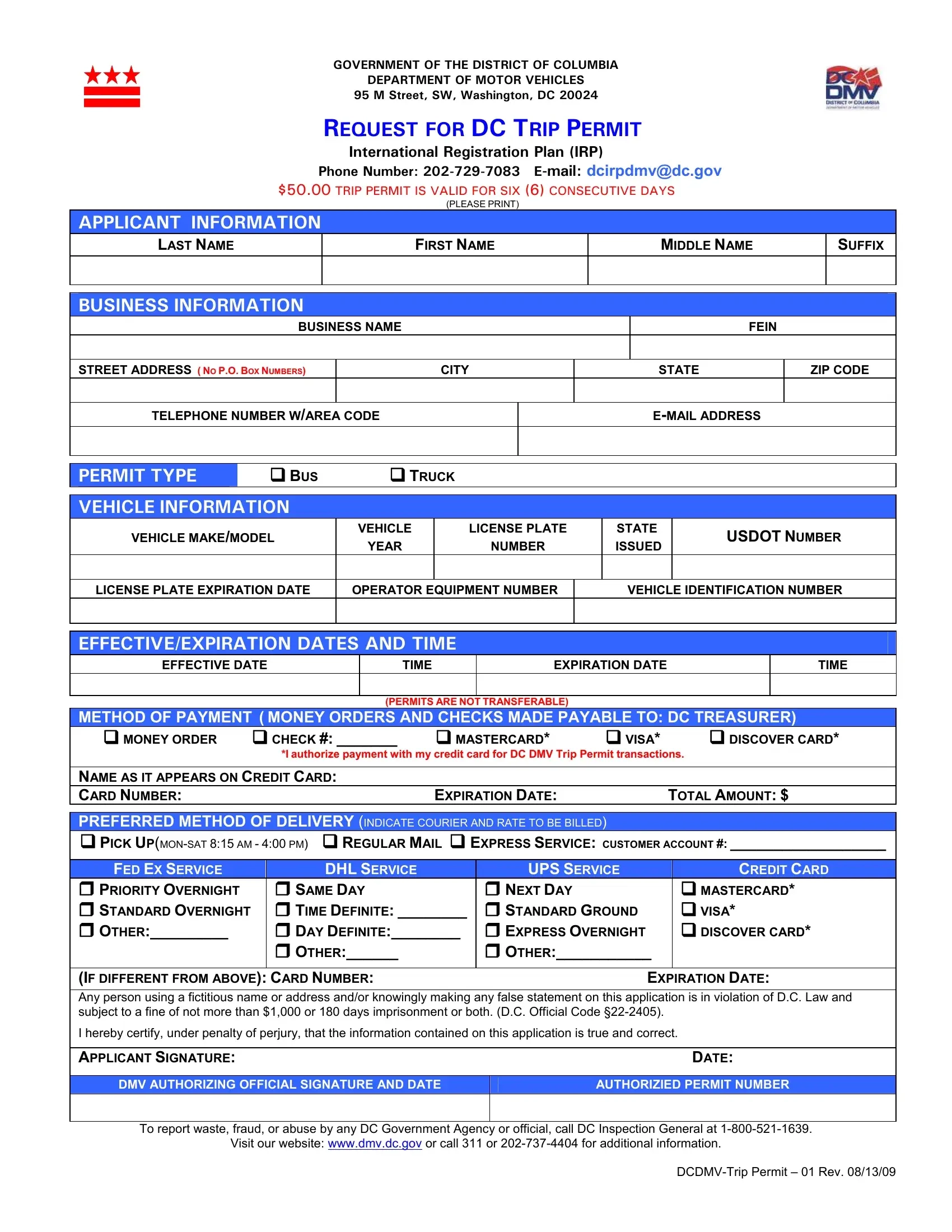 Temporary Printable Washington State Trip Permit Template
