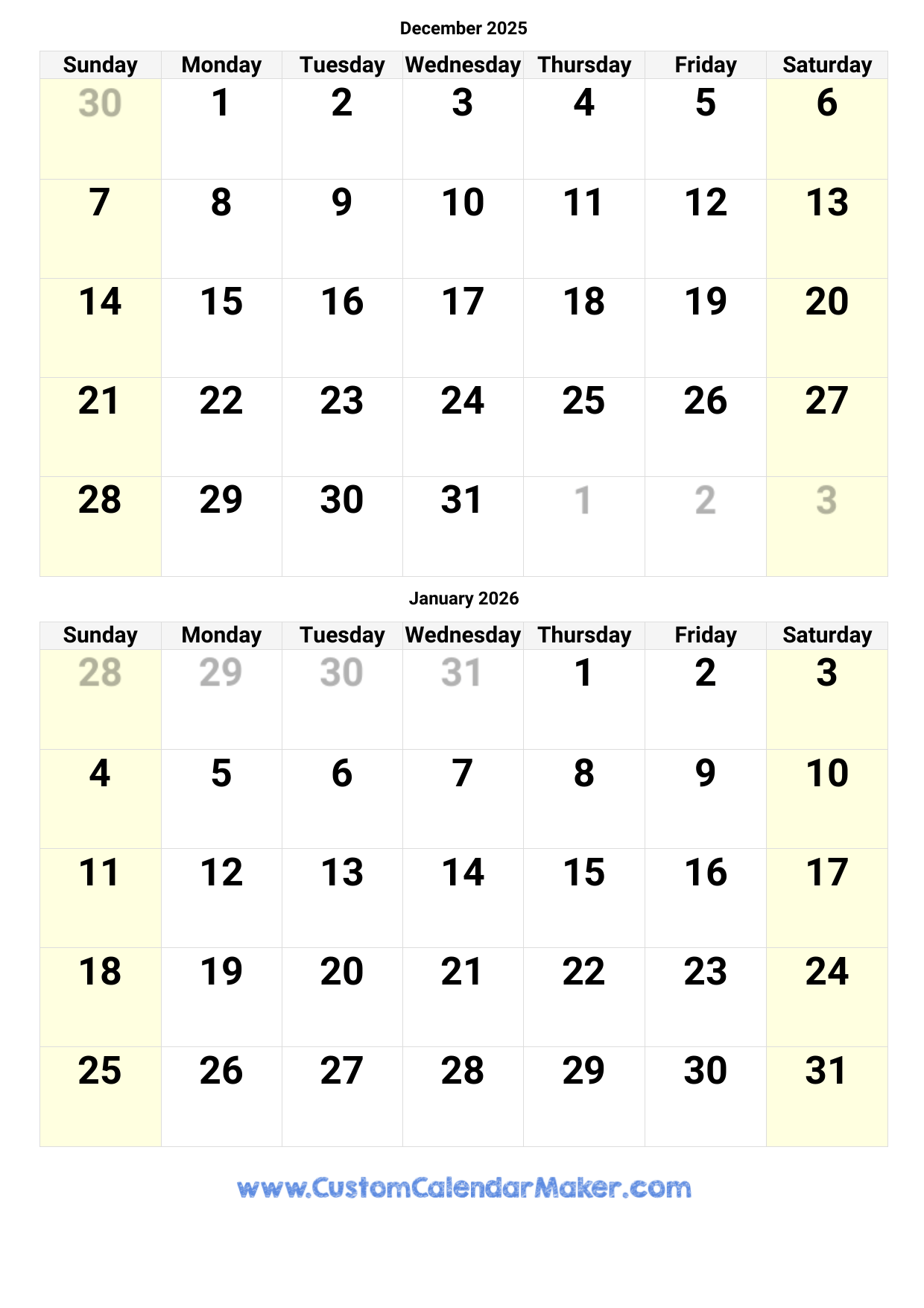 Printable December And January Calendar