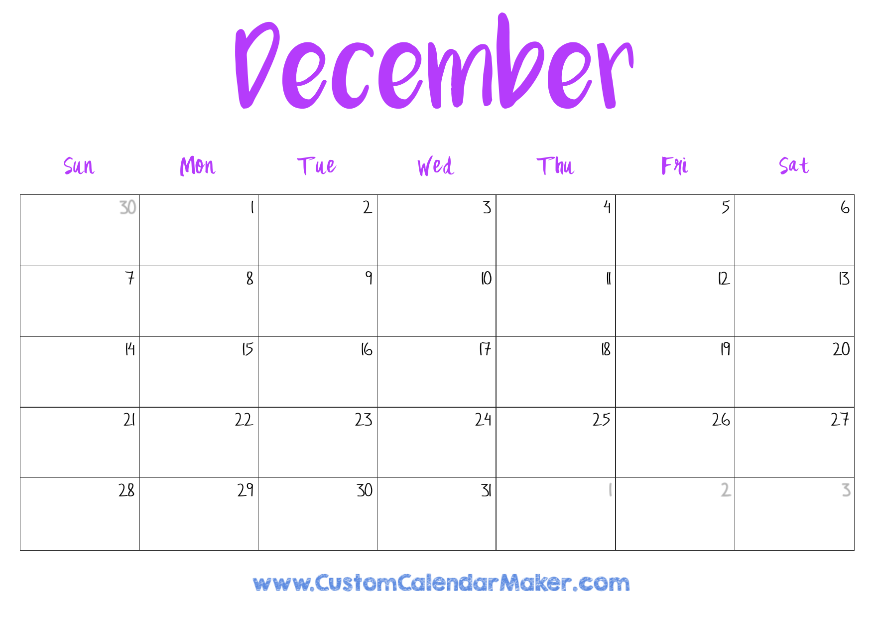 Free Printable Blank December Calendar