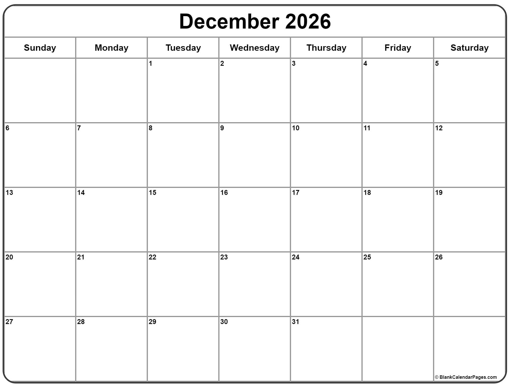 December 2026 Calendar Free Printable Calendars