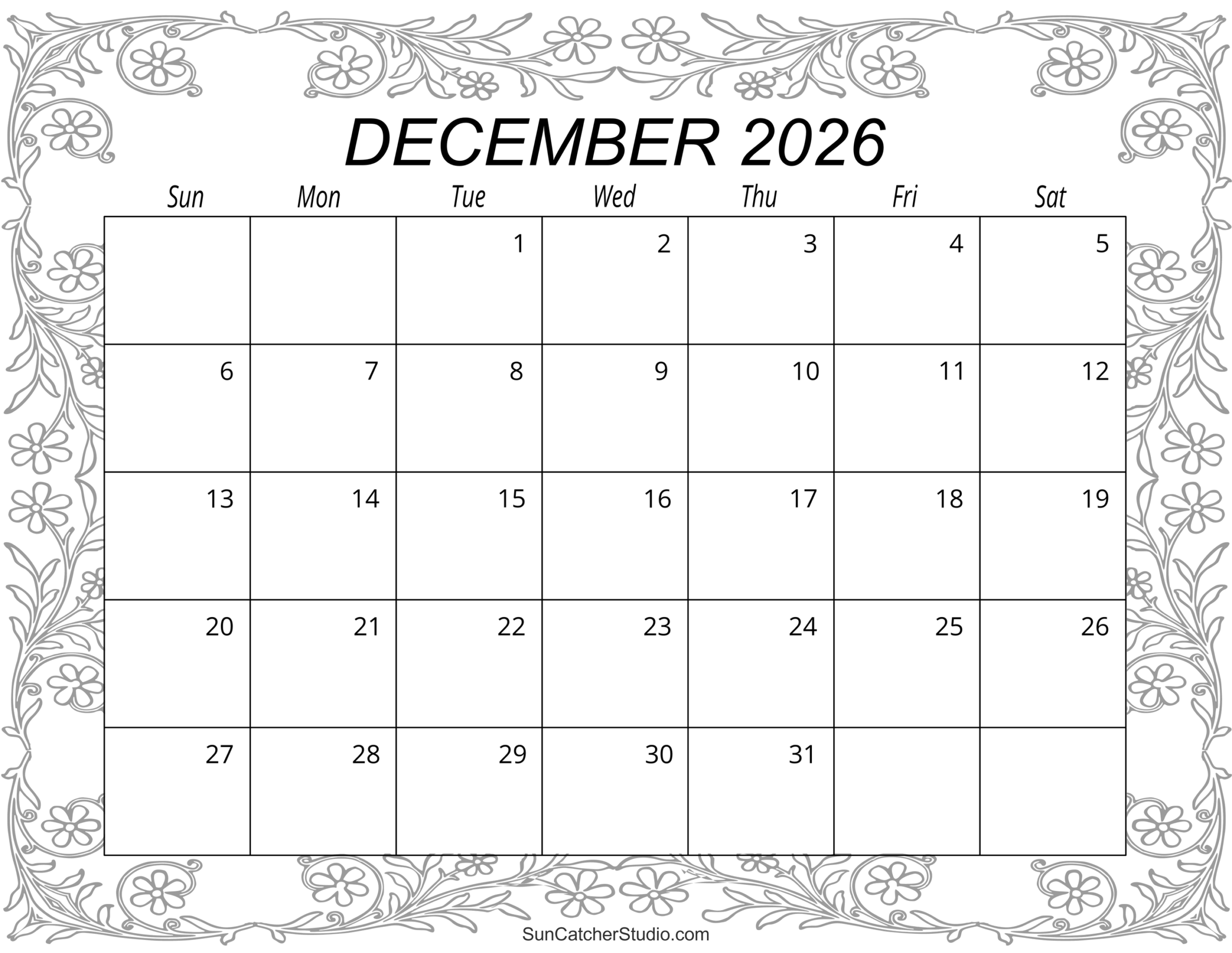 December 2026 Calendar Printable Notes