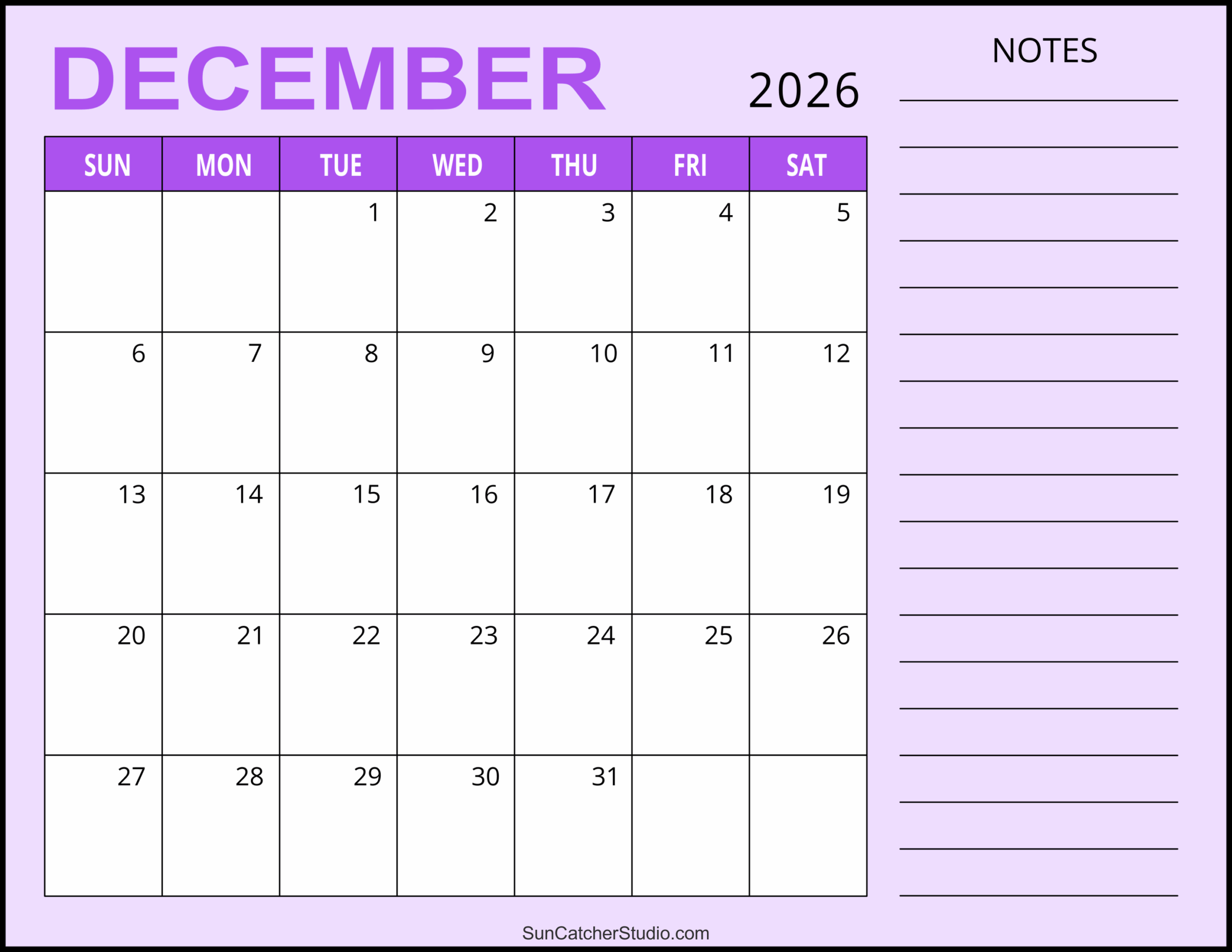 Full Sheet Printable Calendar December 2026