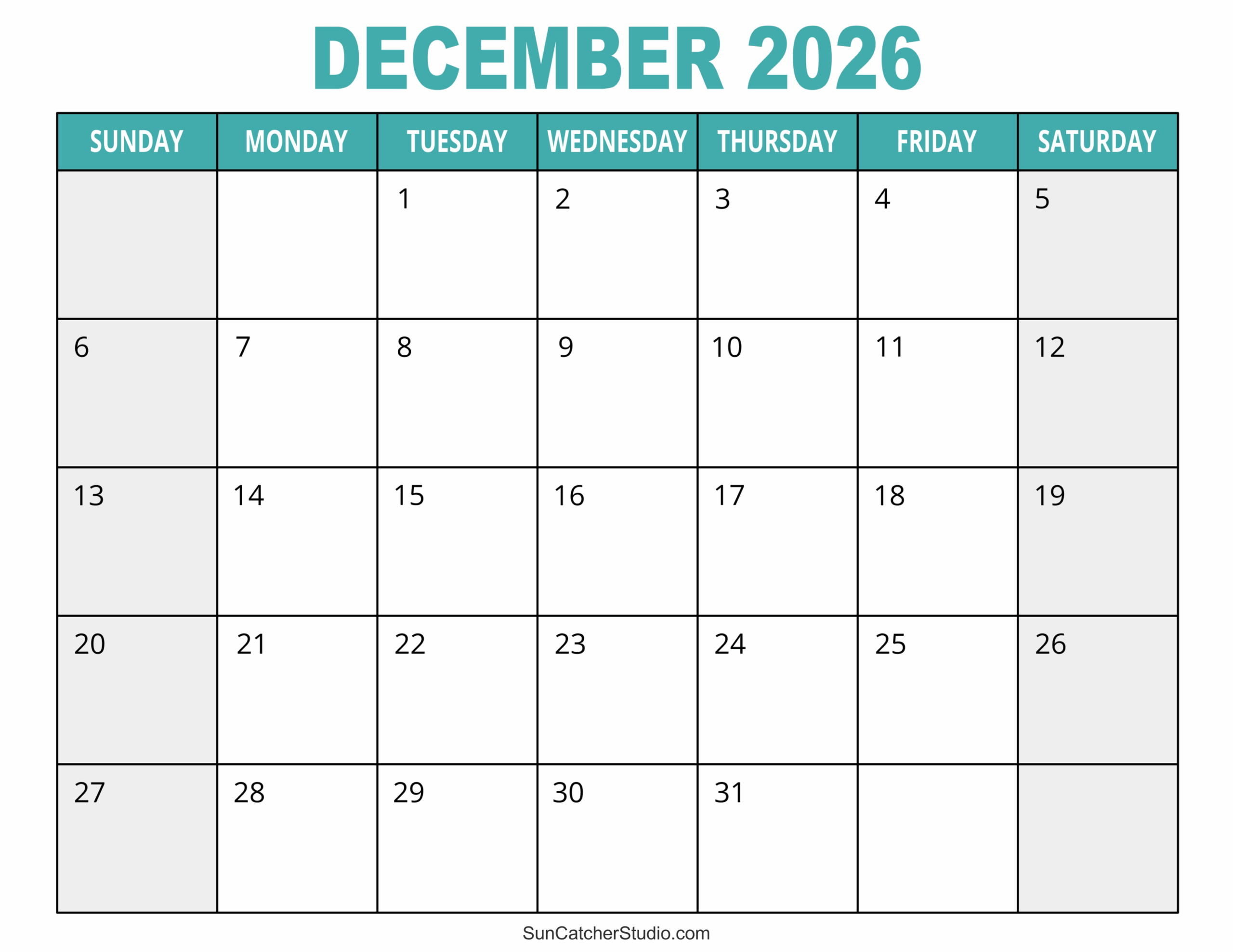 December 2026 Blank Calendar Printable