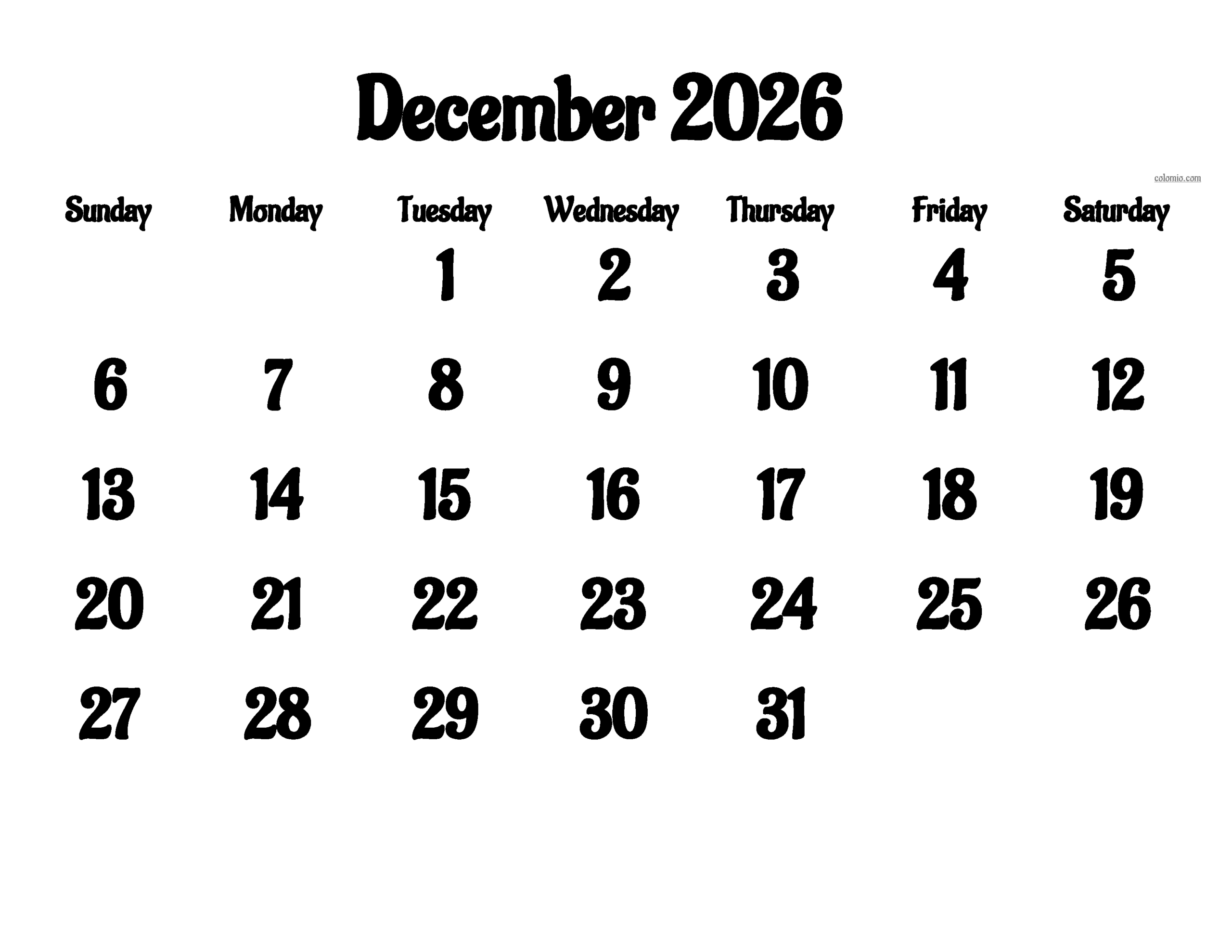 Weekly Calendar December 2026 Printable