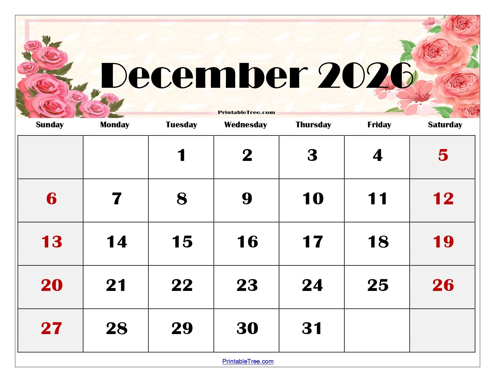 Printable Calendar December 2026 Christmas