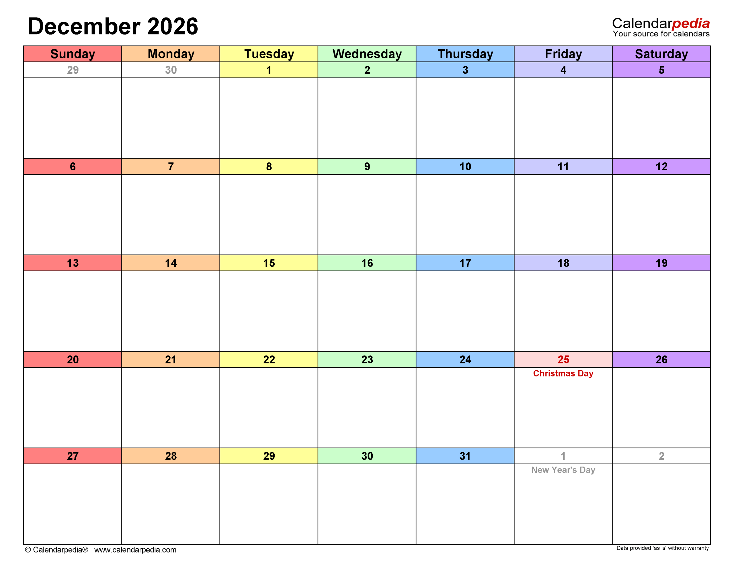 December 2026 Calendar Template Printable