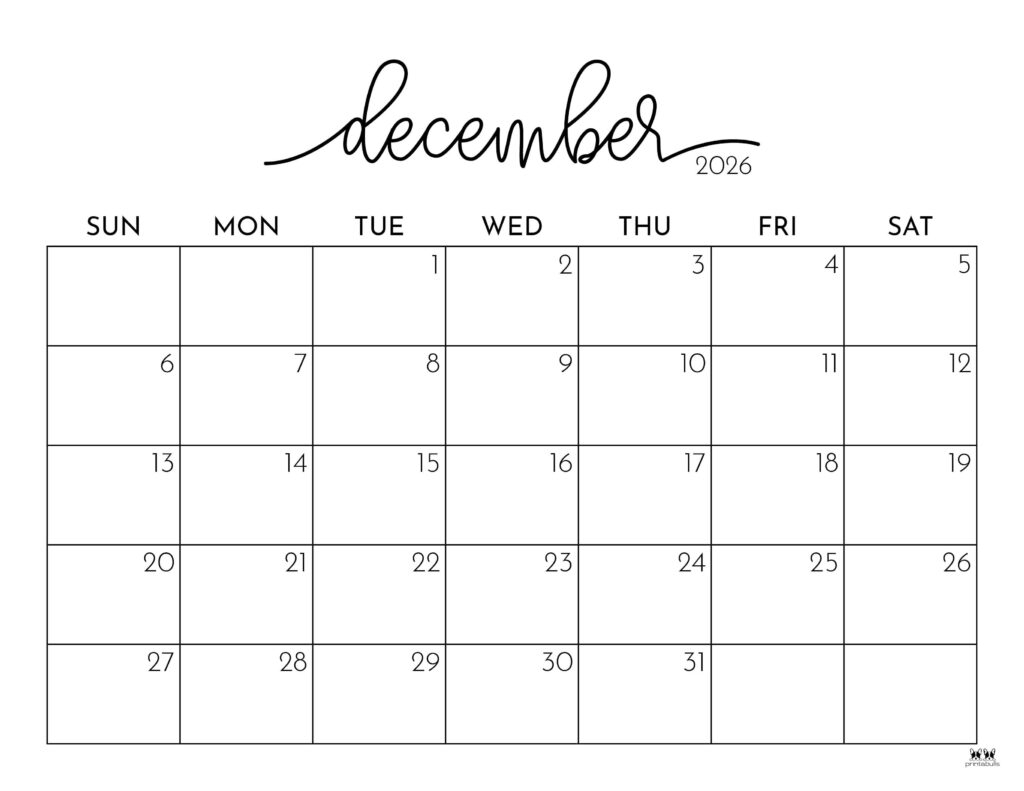 December 2026 Calendars 123 FREE Printables Printabulls