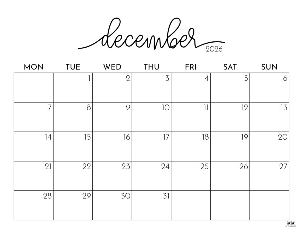 December Calendar 2026 Printable Color
