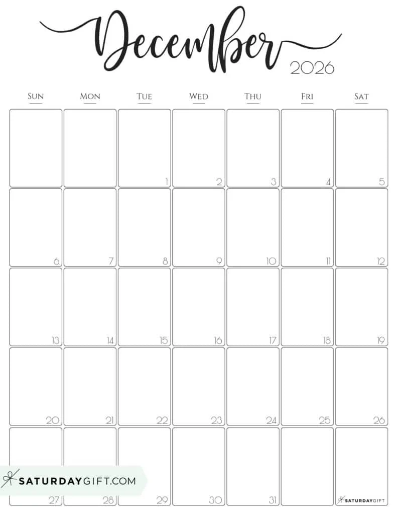 December Printable Calendars 2026