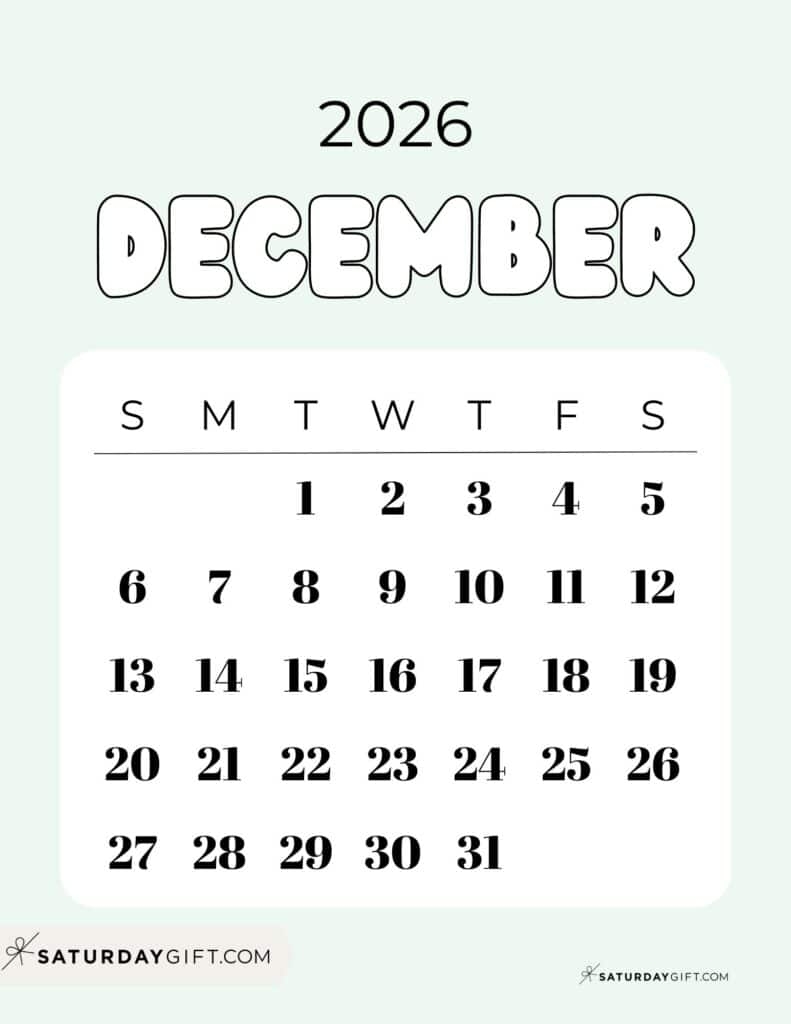 December 2026 Calendar Printable Green