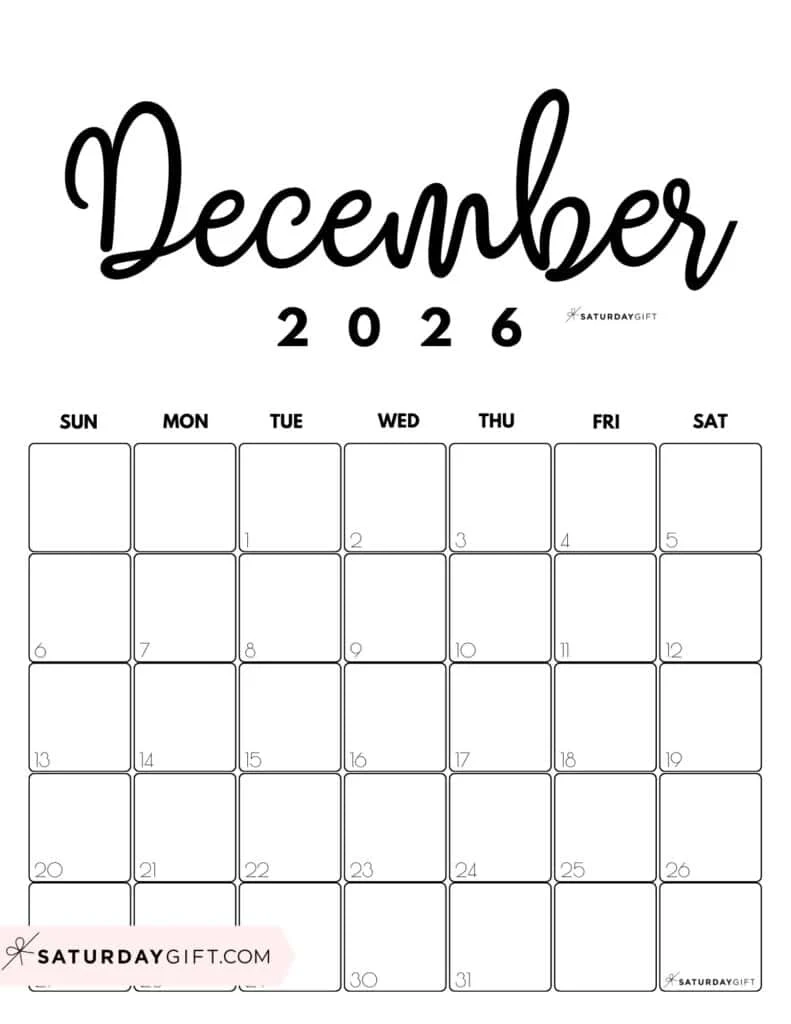 December 2026 Calendars 23 Cute Free Printable PDFs By SaturdayGift