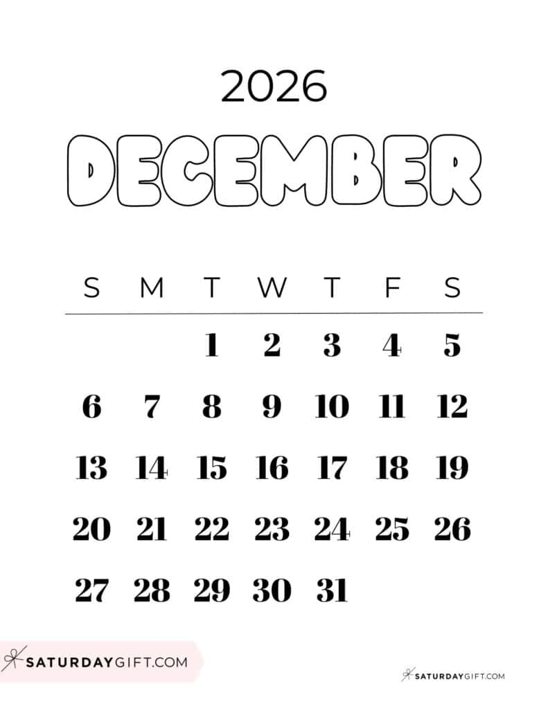 December 2026 Calendars 23 Cute Free Printable PDFs By SaturdayGift