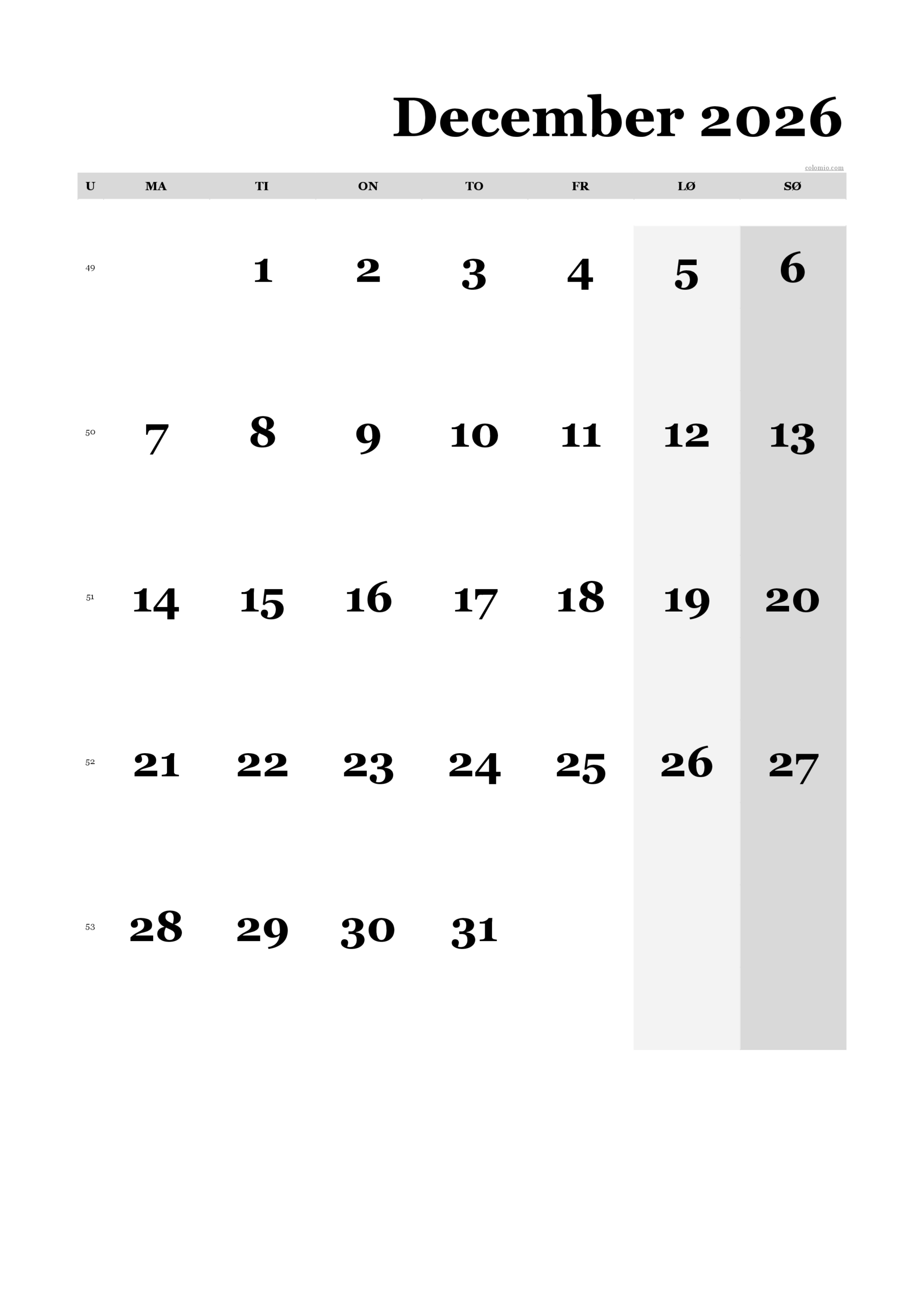 Calendar December 2026 Printable Xls