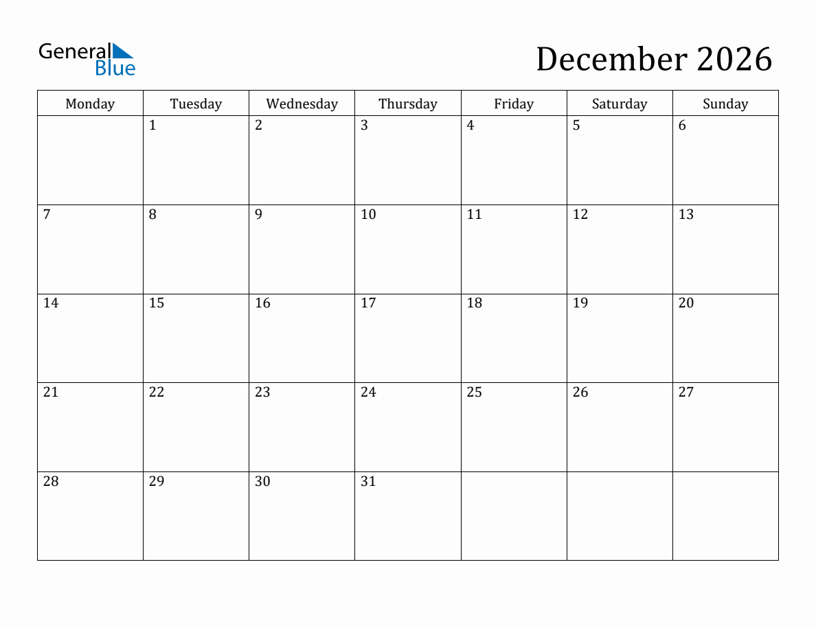 December 2026 Monday Start Calendar PDF Excel Word 