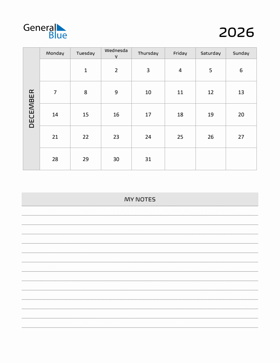 December 2026 Printable Monthly Calendar With Notes Monday Start