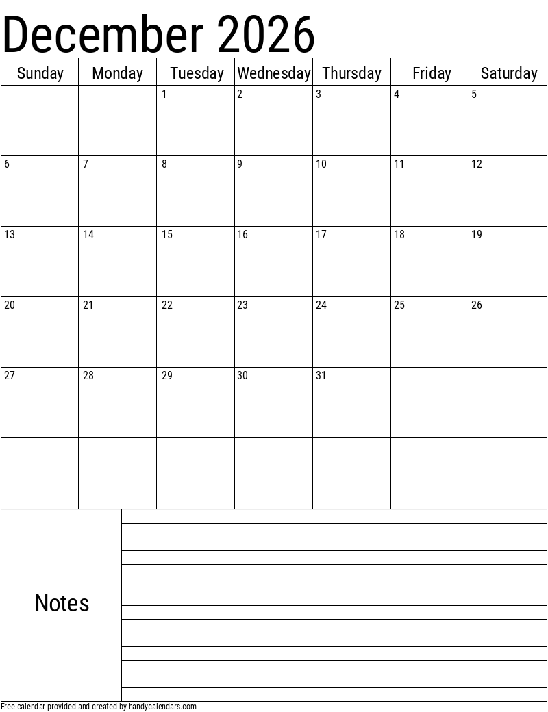 December 2026 Vertical Calendar With Notes Handy Calendars