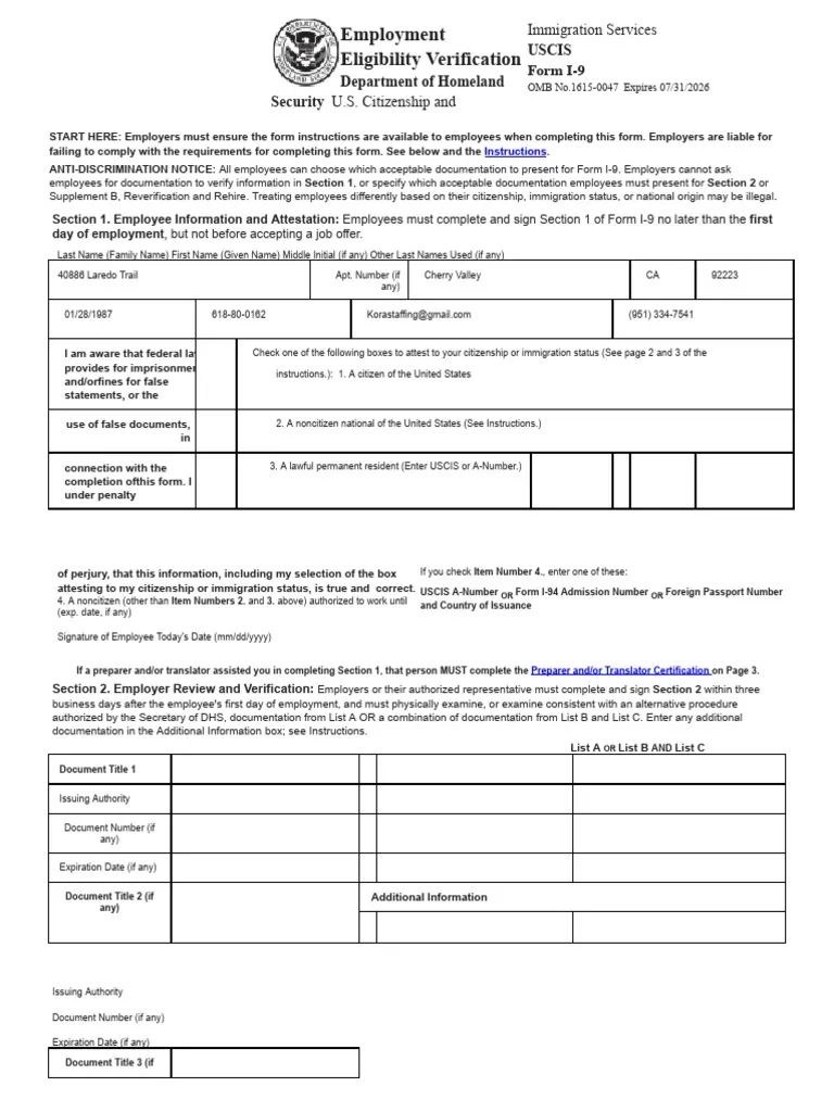 Department Of Homeland Security U S Citizenship And Uscis Form I 