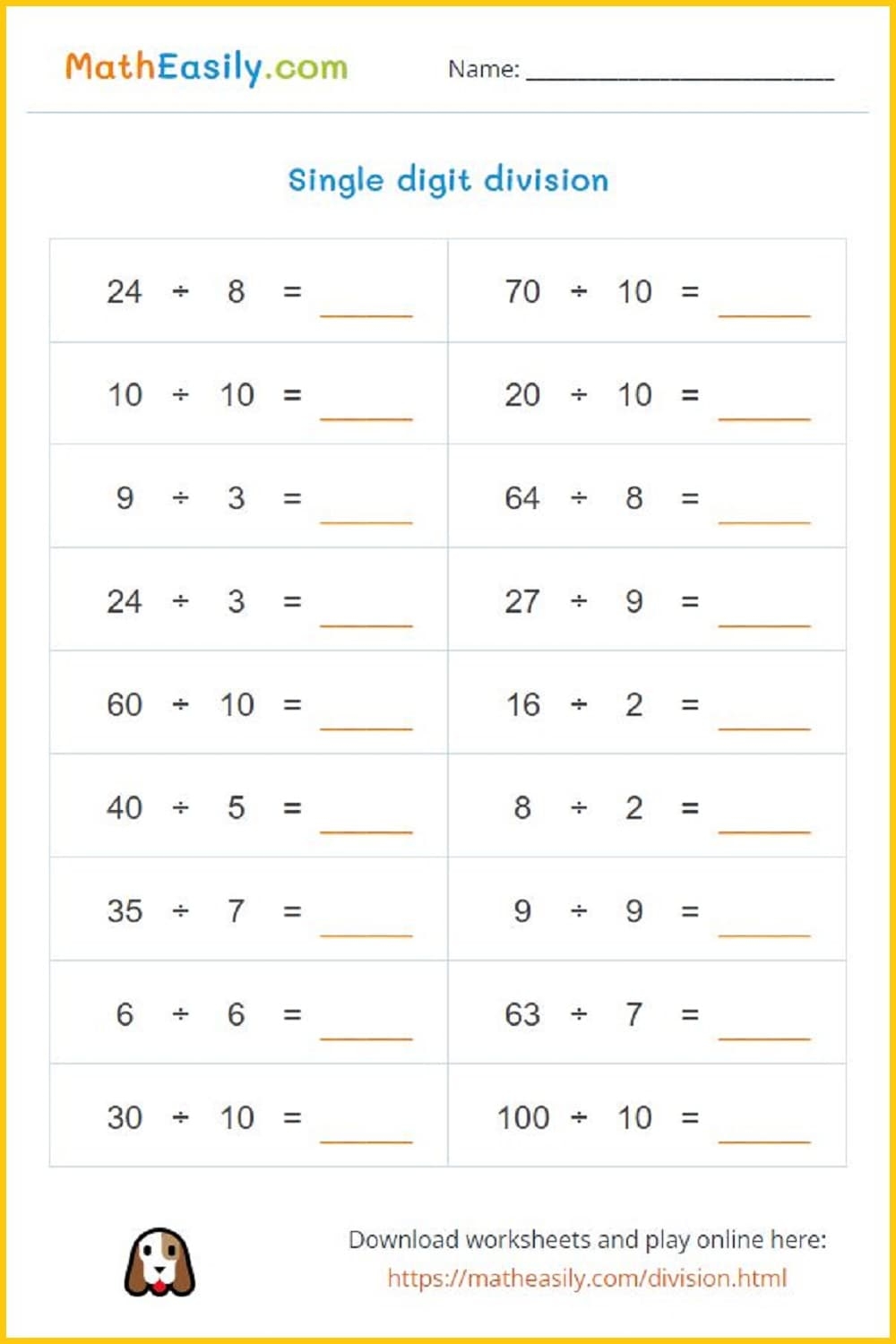 Division Free Printable Worksheets