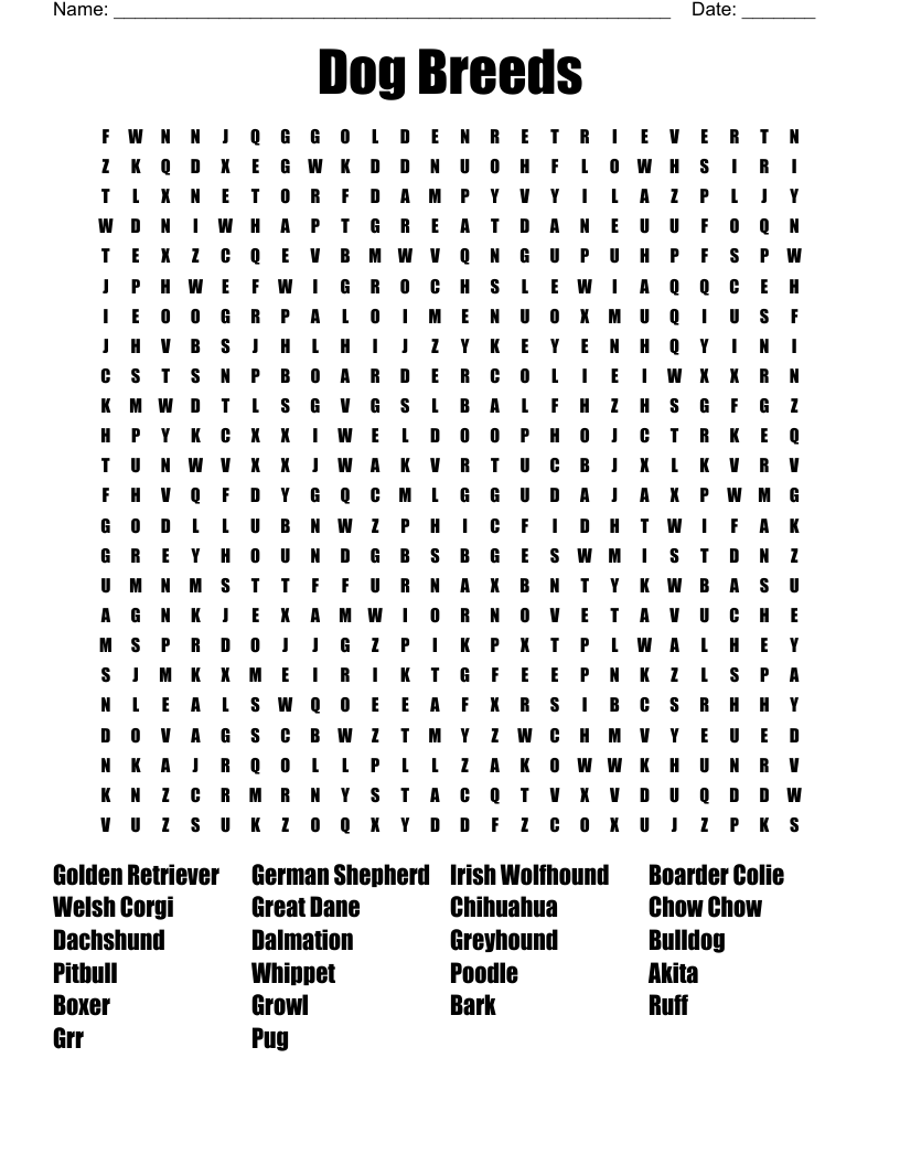 Dog Breeds Word Search Printable