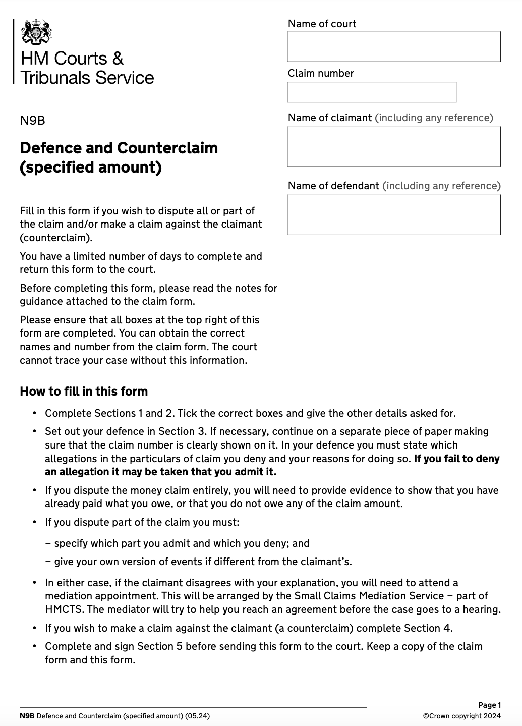 Download Form N9B Defence And Counterclaim In Civil Proceedings 