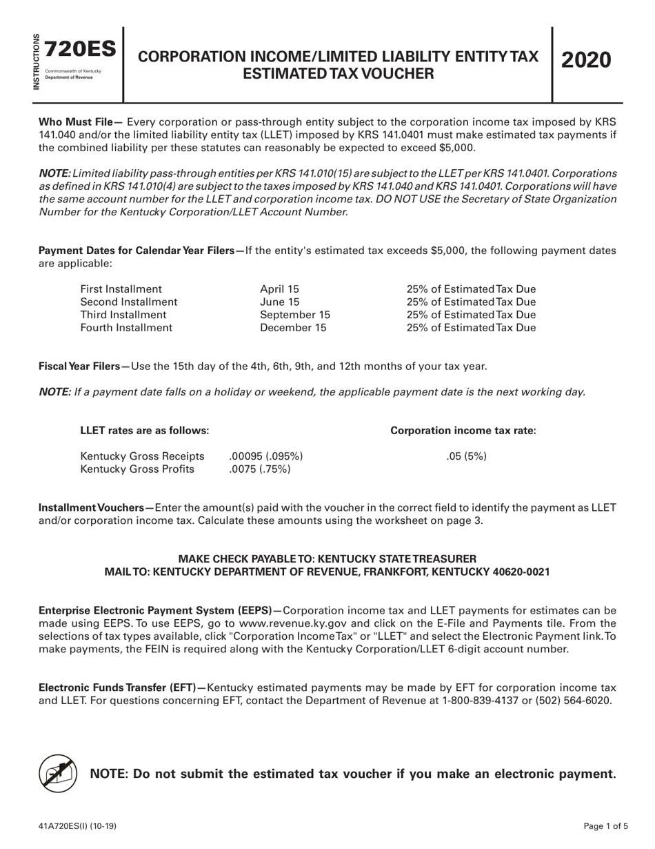 Download Instructions For Form 720ES 41A720ES Corporation Income 