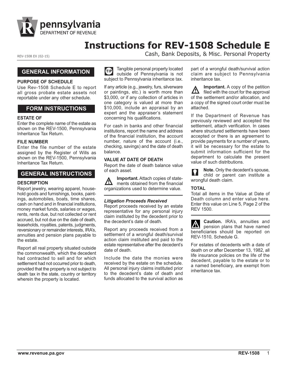 Download Instructions For Form REV 1508 Schedule E Cash Bank 