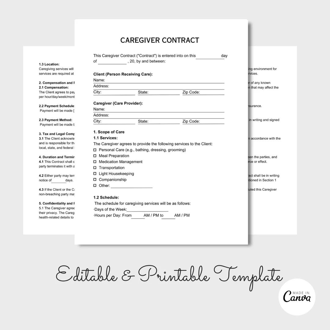 Printable Caregiver Contract Template