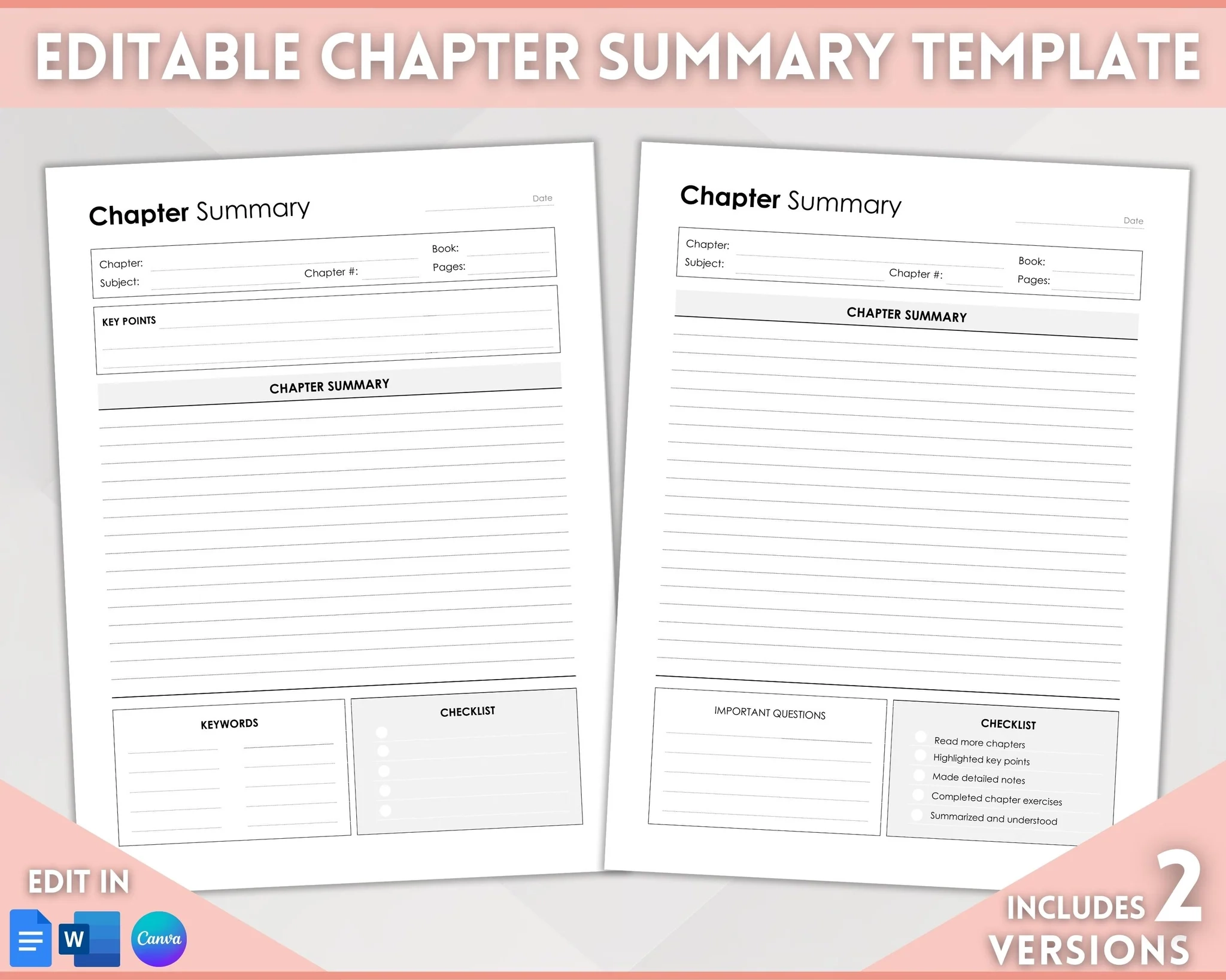 Free Printable Chapter Summary Template