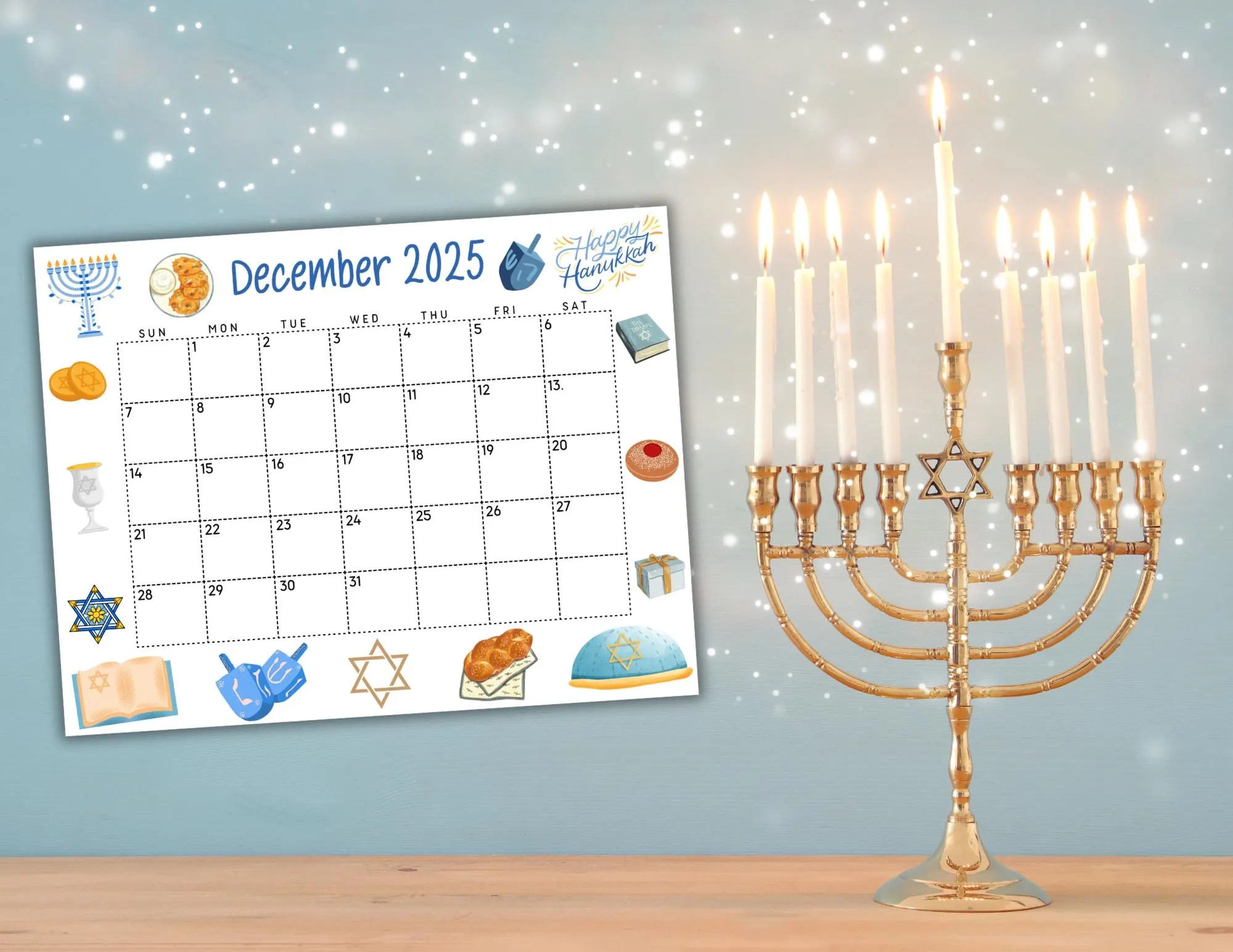 EDITABLE December Calendar 2025 Printable Blue Hanukkah Calendar 