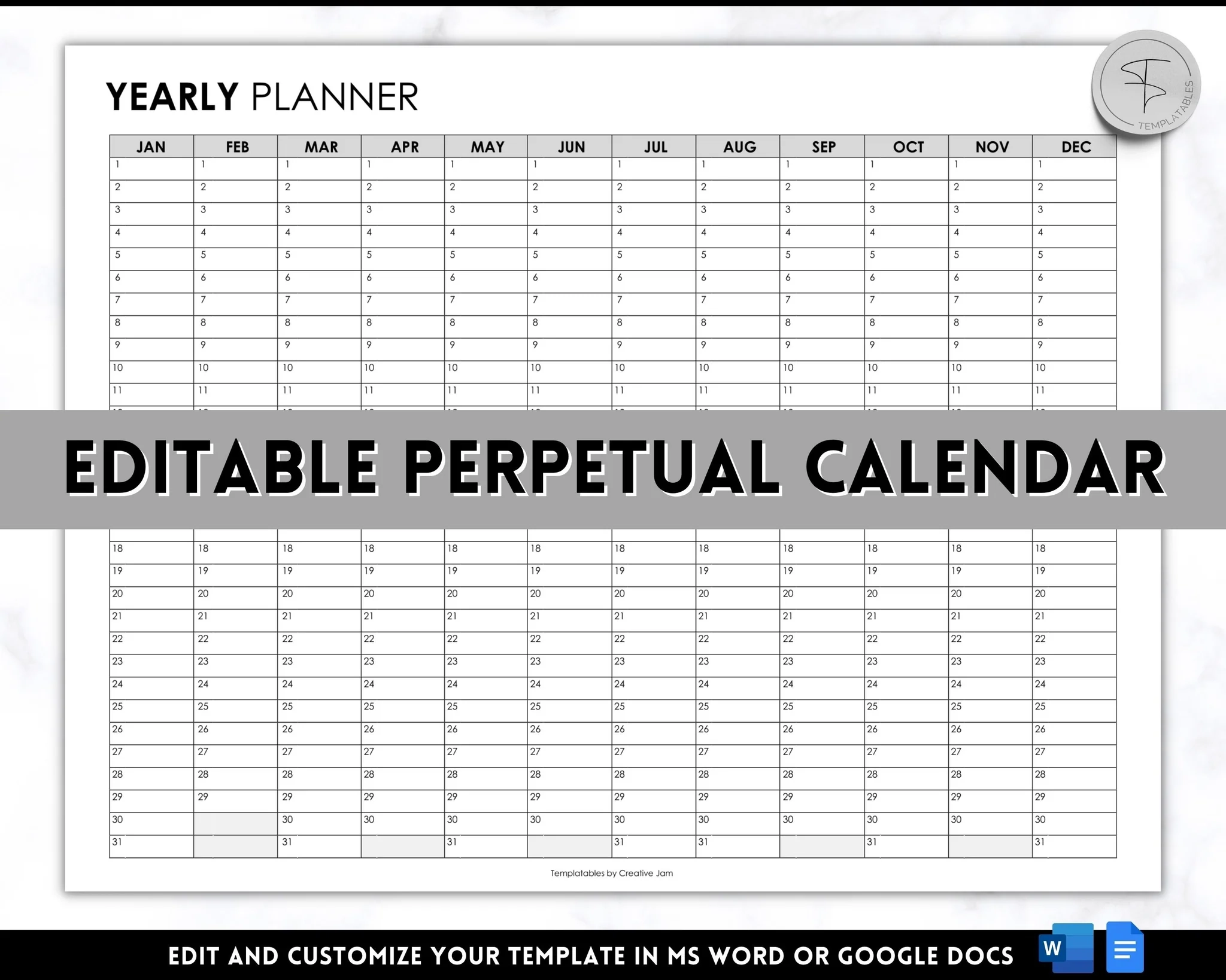 EDITABLE Perpetual Calendar Undated Annual 12 Month Planner