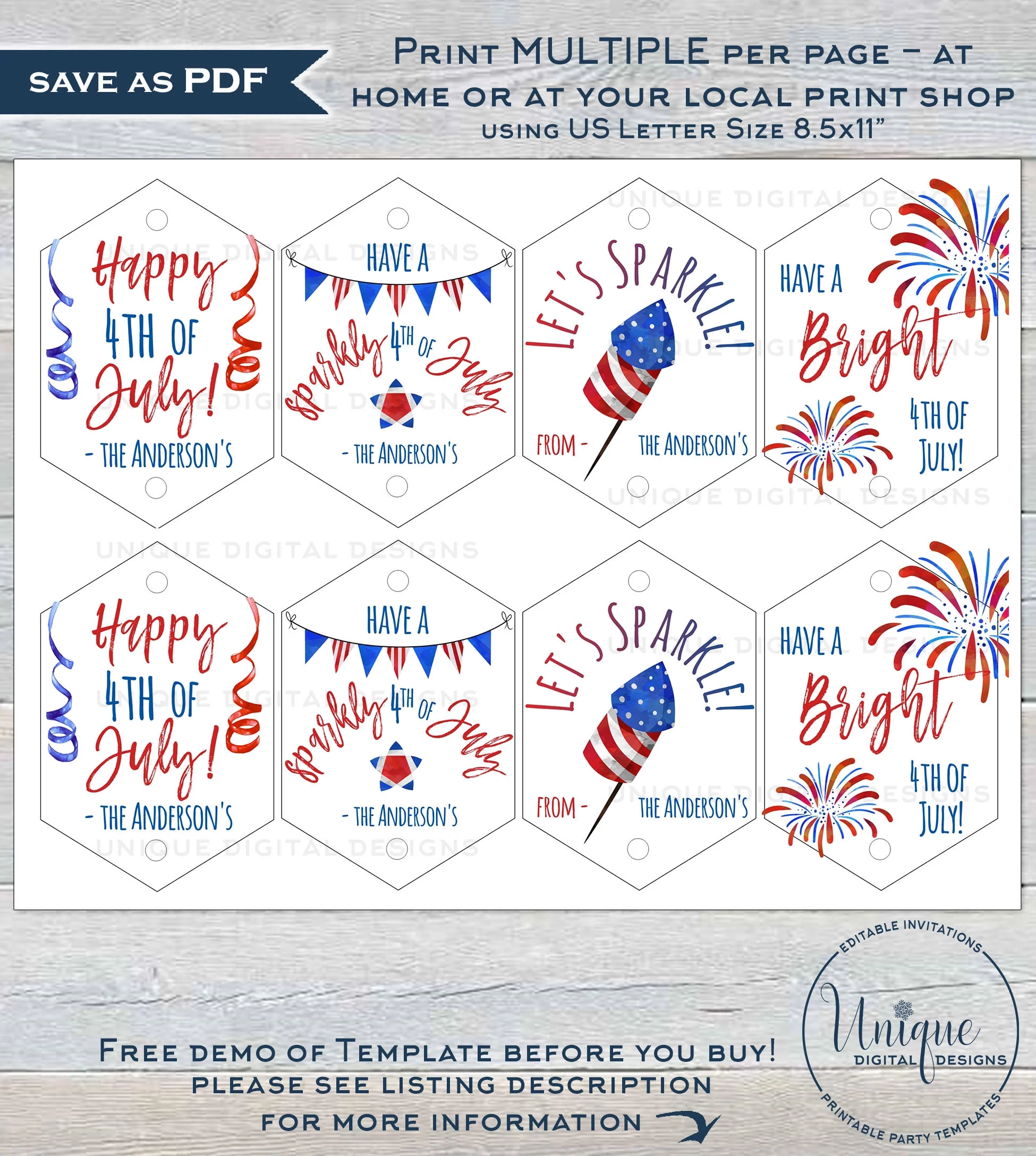 Editable Sparkler Tag 4th Of July Printable Favor Tags Personalized