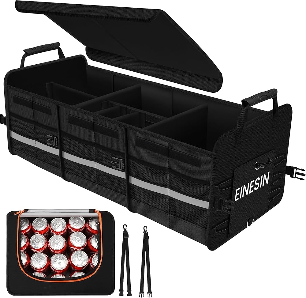 Einesin Extra Gro er 88L Kofferraum Organizer Und 22L K hltasche Mit 7 F chern Auto Aufbewahrungsbox Zusammenklappbarer Auto Organizer Kofferraum 