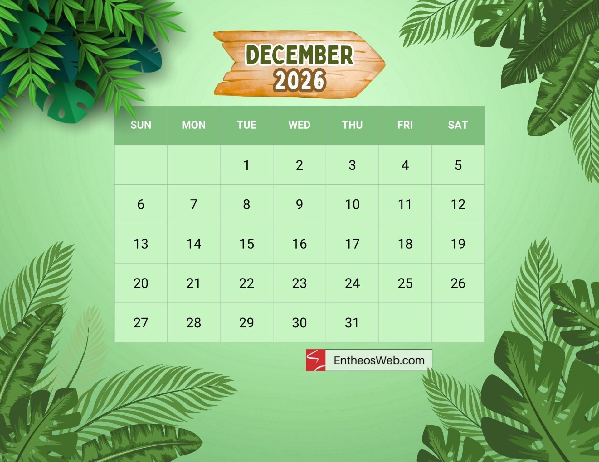 Elegant Leaves Theme 2026 Printable Calendar EntheosWeb