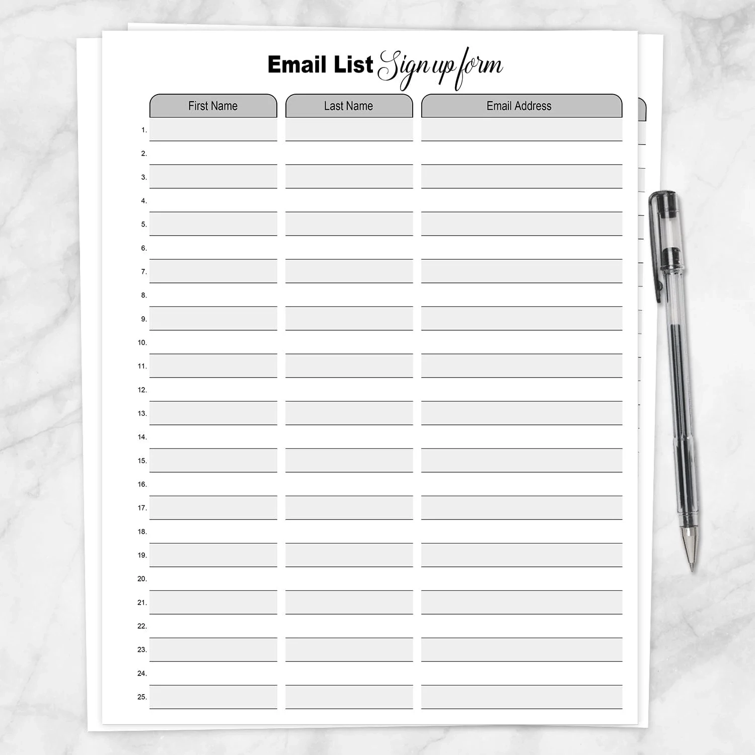 Email List Sign Up Form Printable Contact Collection Sheet 