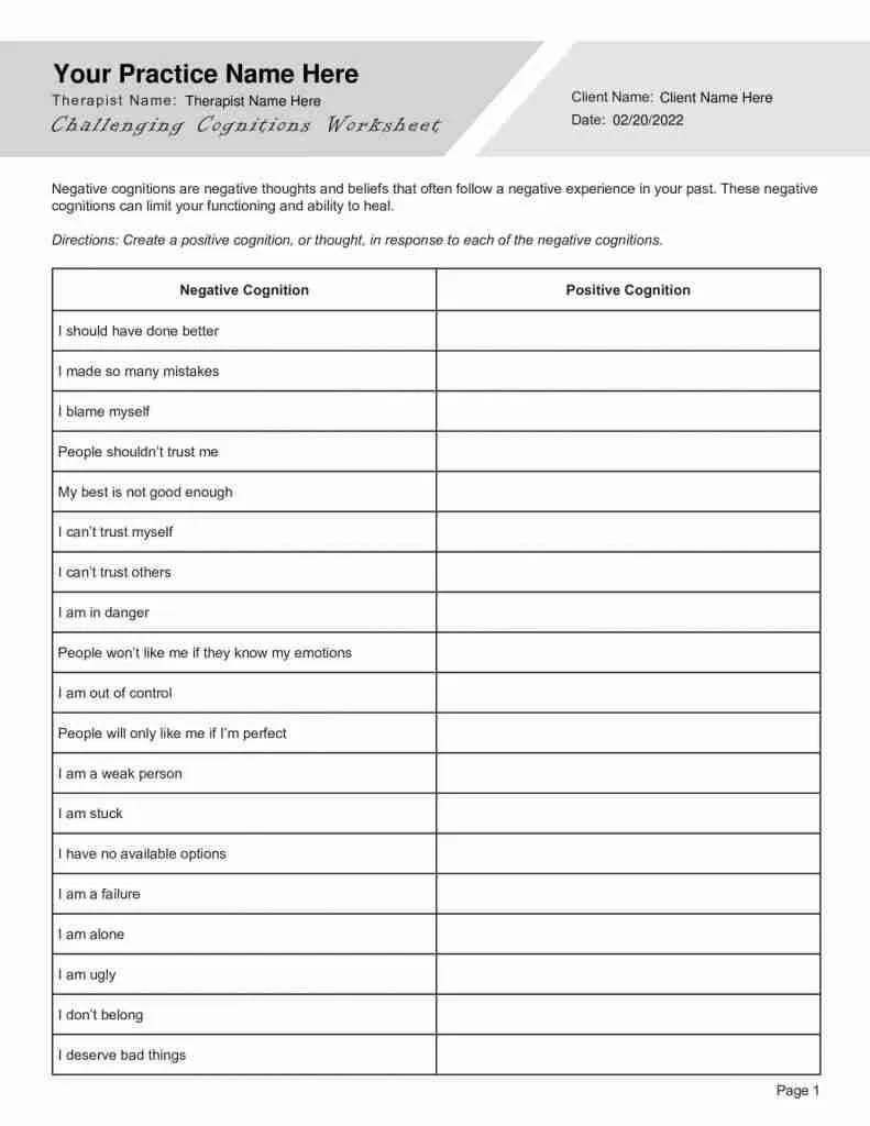 EMDR Challenging Cognitions Worksheet Editable Fillable 