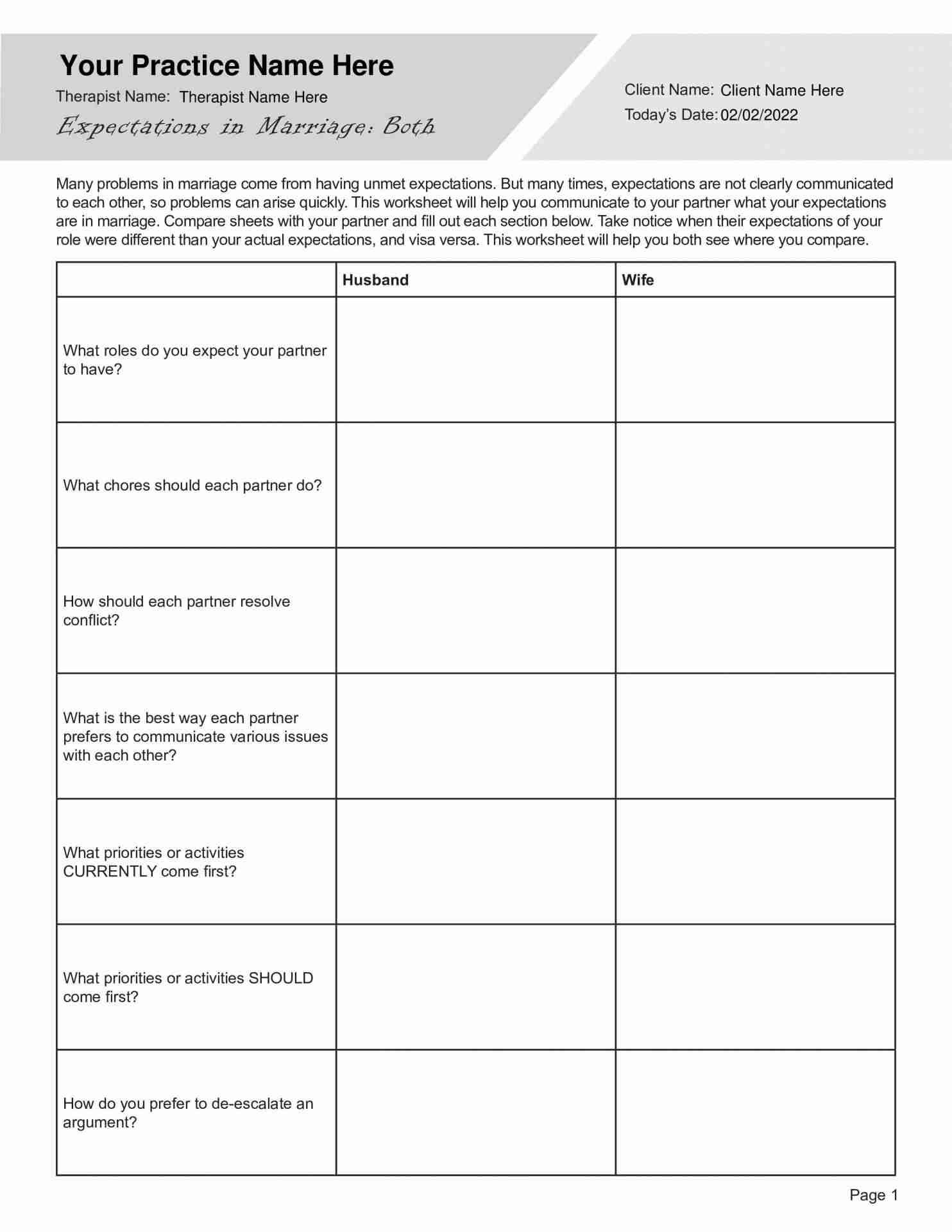 Expectations In Marriage Worksheet PDFs TherapyByPro