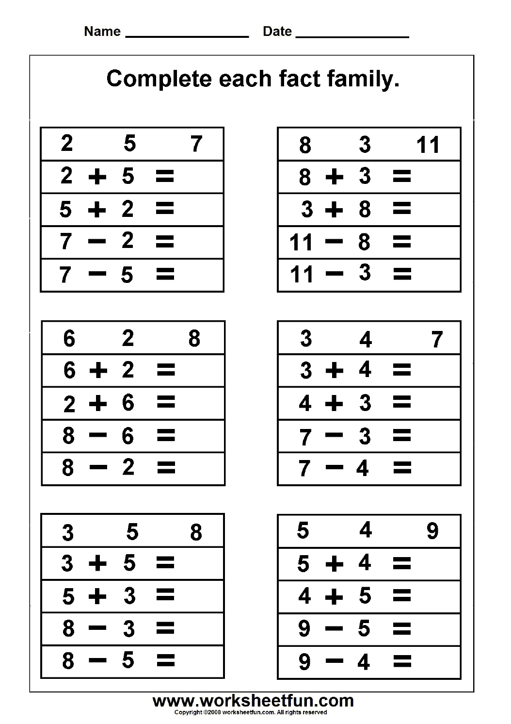 Fact Family Complete Each Fact Family 2 Worksheets FREE 